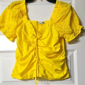 Fashion Nova Vivid Yellow Ruched Puff Sleeve Blouse